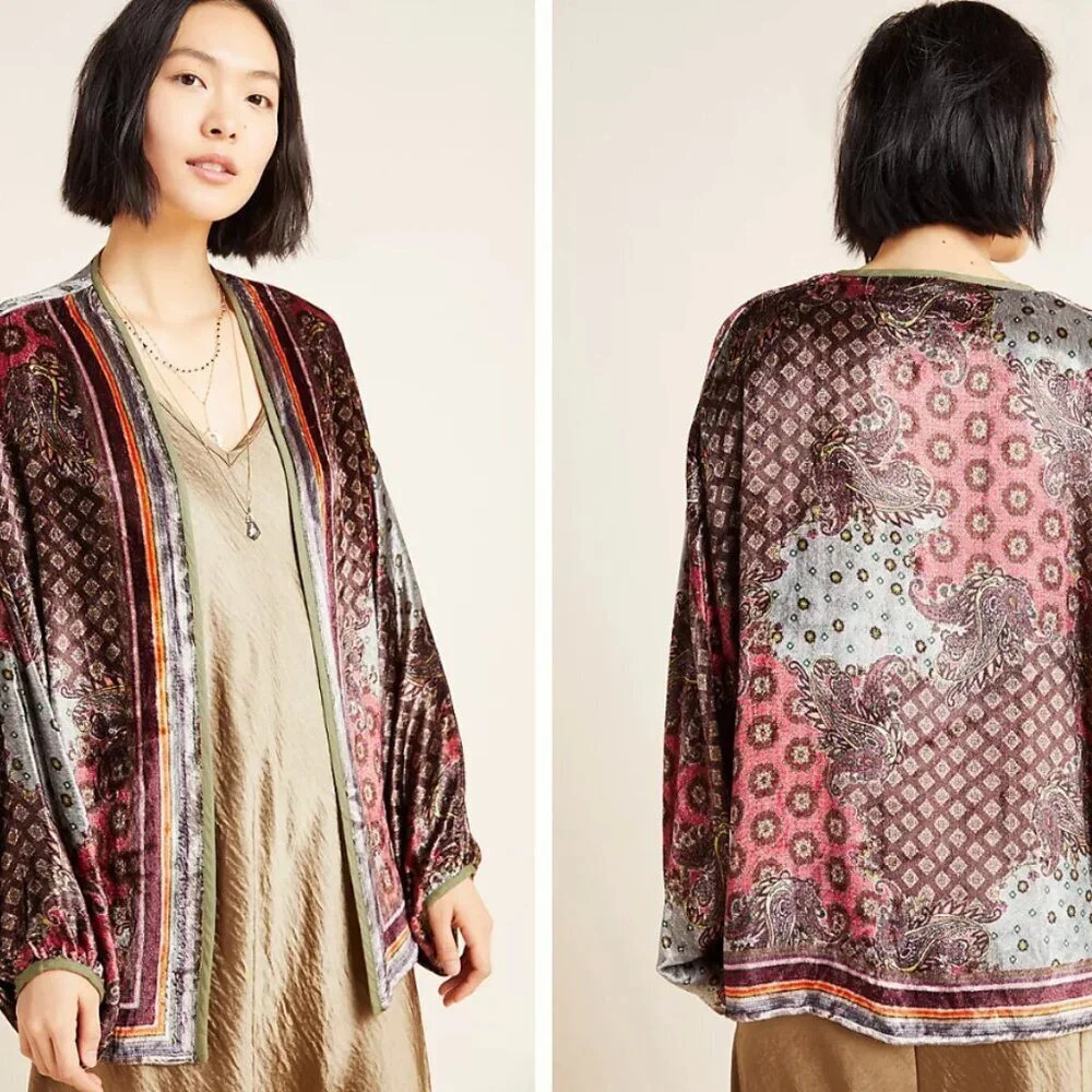 New Anthropologie Whimsigoth Plum Velvet Red and Brown Kimono Shawl Size All
